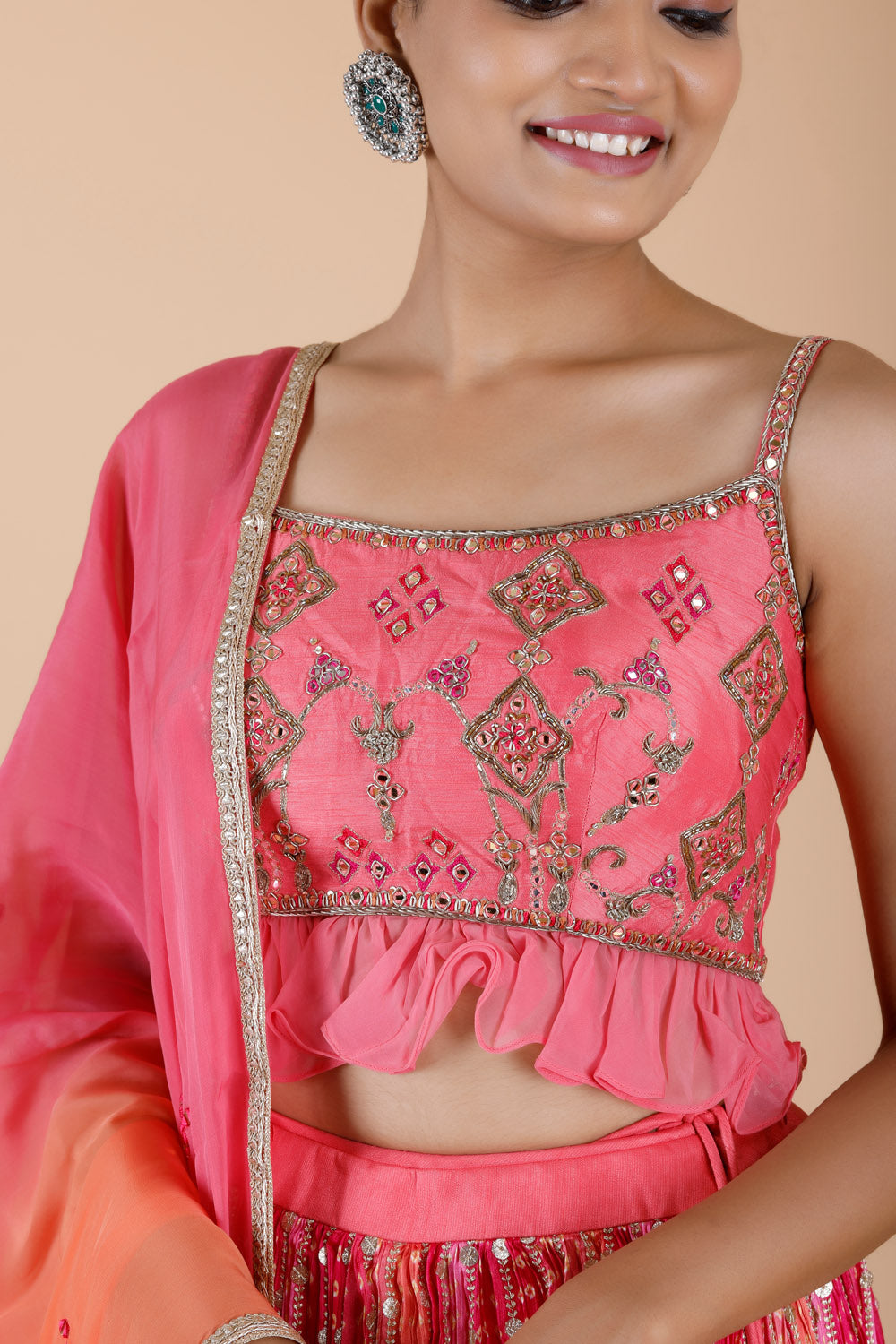 Multi Shades Of Pink Satin Lehenga Set With Embroidery