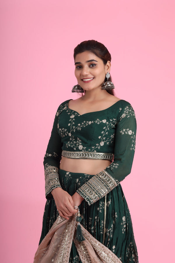 Sacramento Green Georgette Lehenga With Floral Embroidery