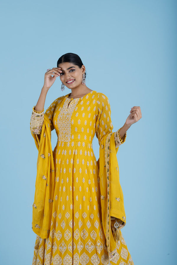 Bright Yellow Georgette Gown With Embroidery