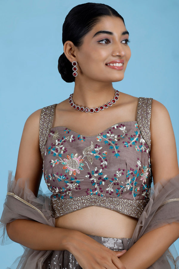 Grey Brown Lehenga Set With Georgette Sequence Work