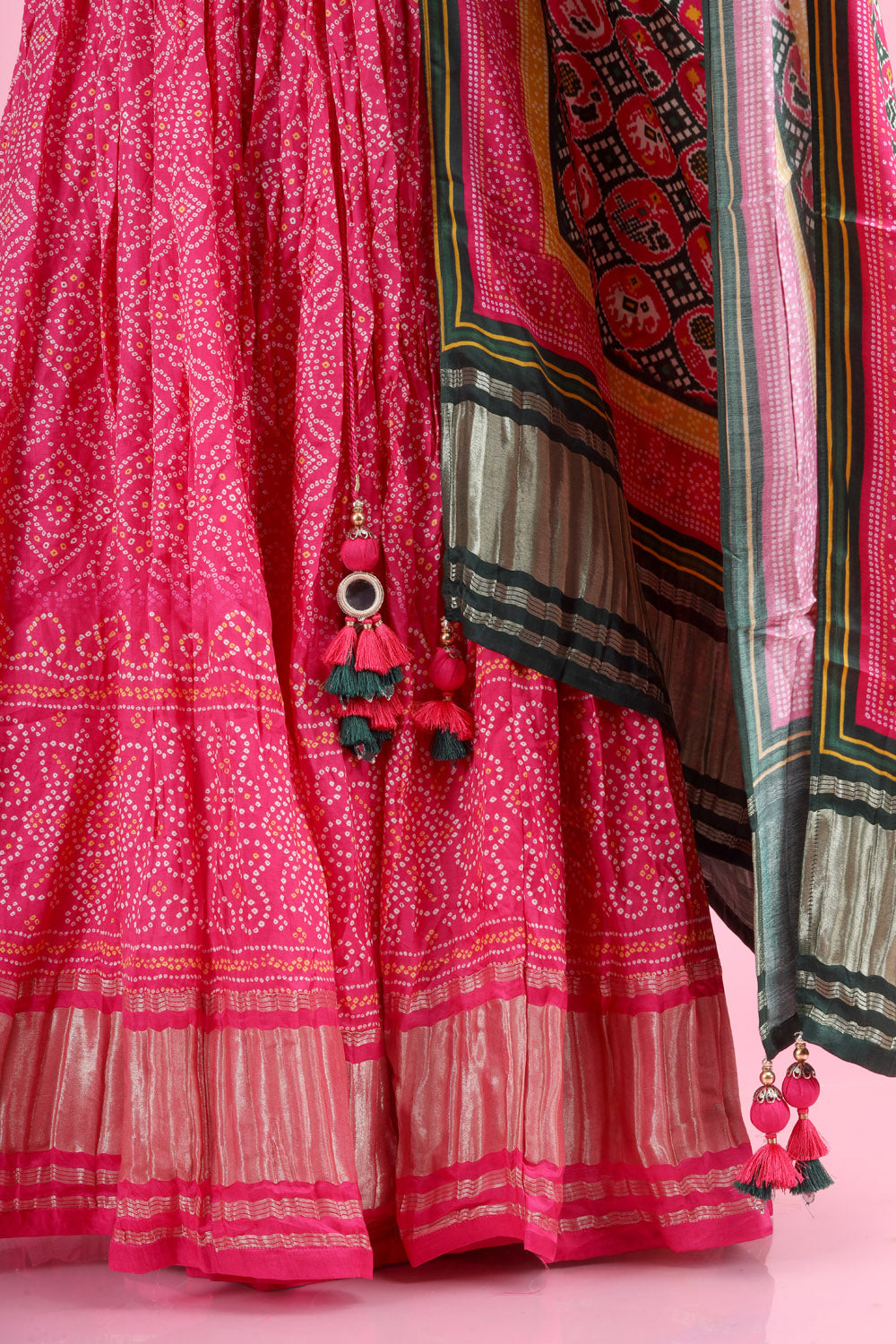 Bright Pink Satin Embroidery Lehenga With Patola Print Dupatta