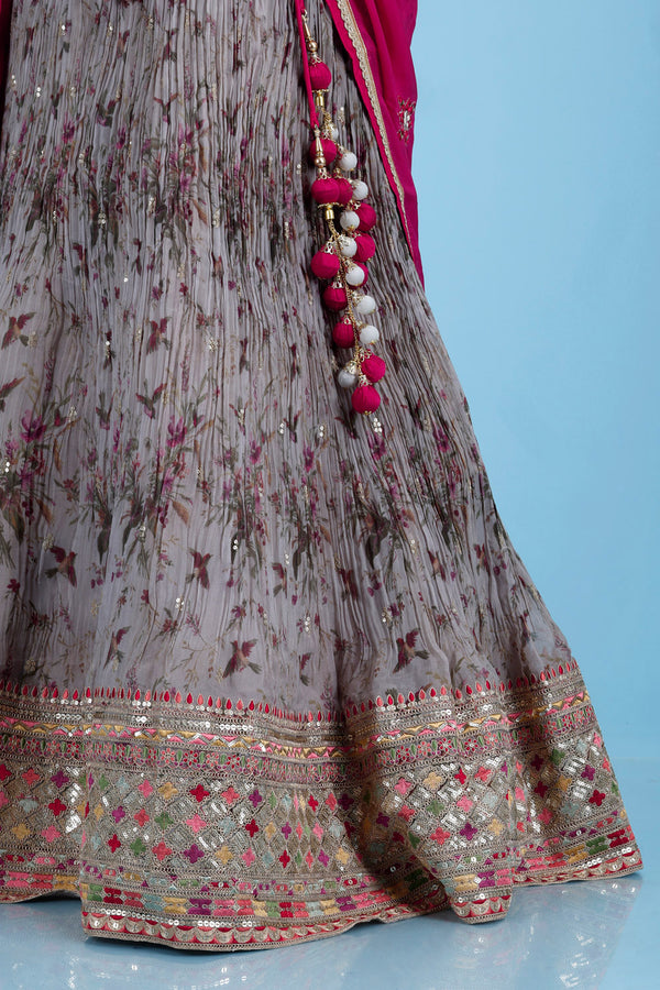 Pastel Grey Printed Organza Lehenga Set With Embroidered Contrast Pink Blouse