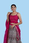 Pastel Grey Printed Organza Lehenga Set With Embroidered Contrast Pink Blouse