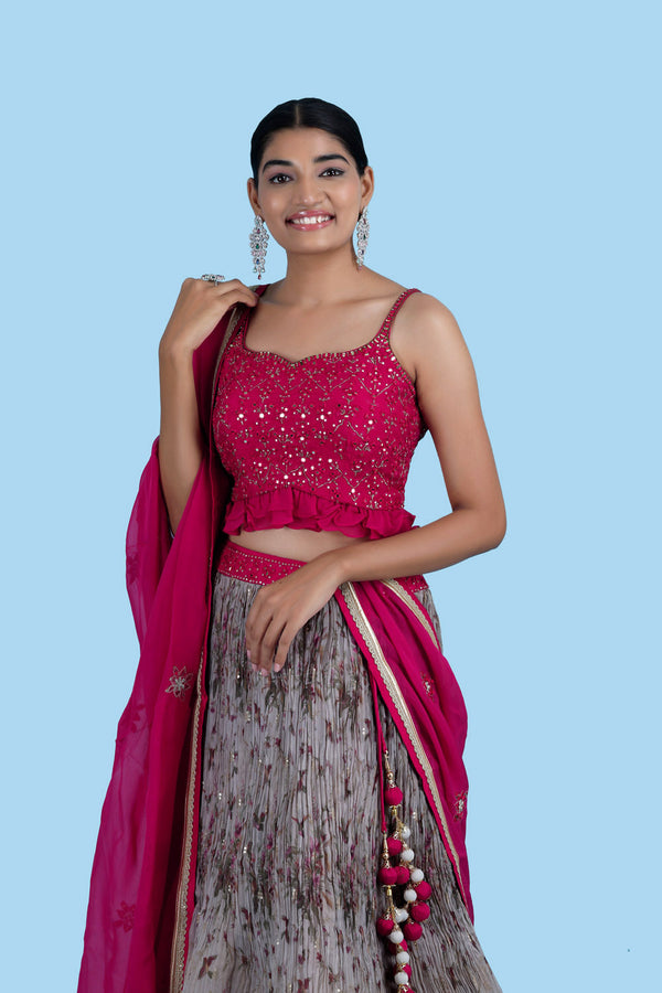 Grey Sequin lehenga skirt and hot pink brocade blouse with matching dupatta  | Lehnga designs, Indian outfits lehenga, Indian lehenga choli