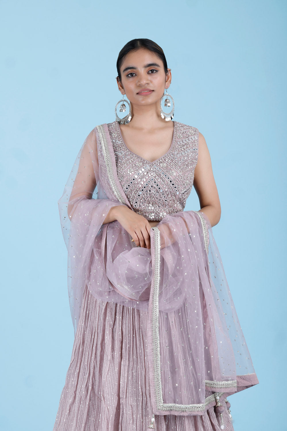 Pastel Pale Pink Georgette Lehenga With Mirror Embroidery