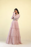 Melon Pink Embellished Long Gown With Floral Design