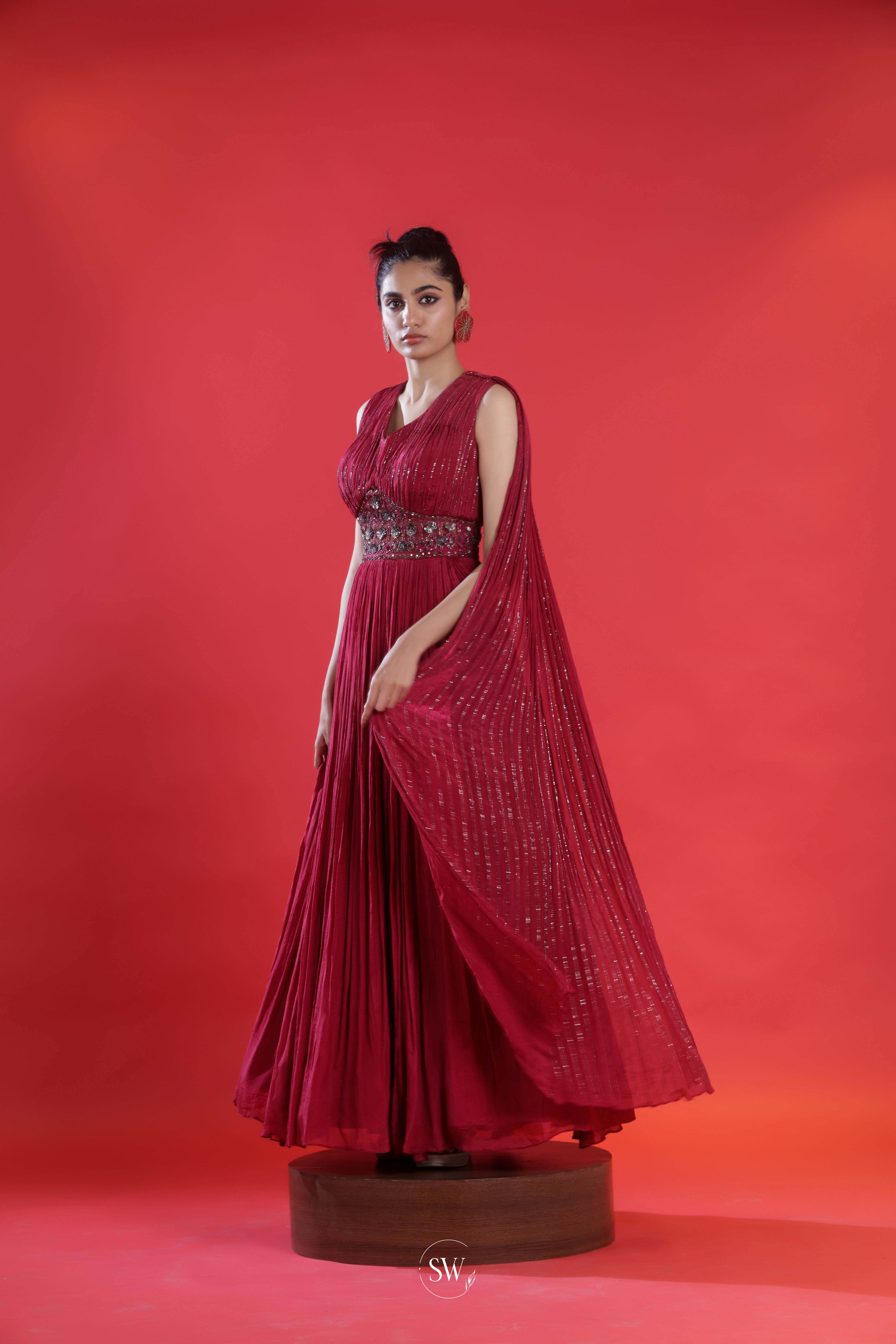 Maroon Red Embroidered Gown