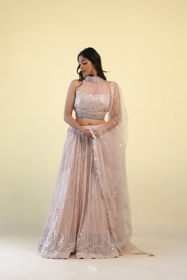 Oyster Pink Lehenga Set With Hand Embroidery