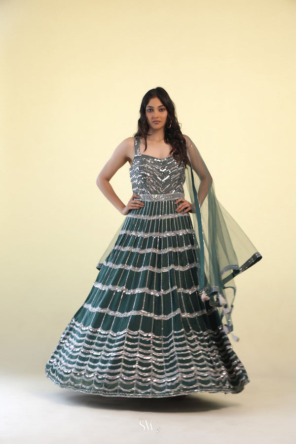 Medium Jungle Green Long Gown With Hand Embroidery