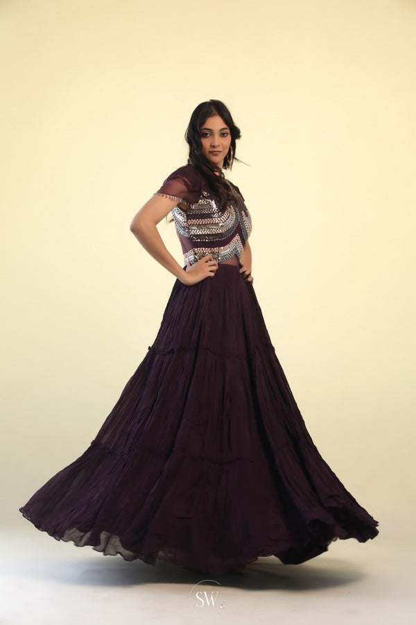 Purple Taupe Long Gown With Hand Embroidery