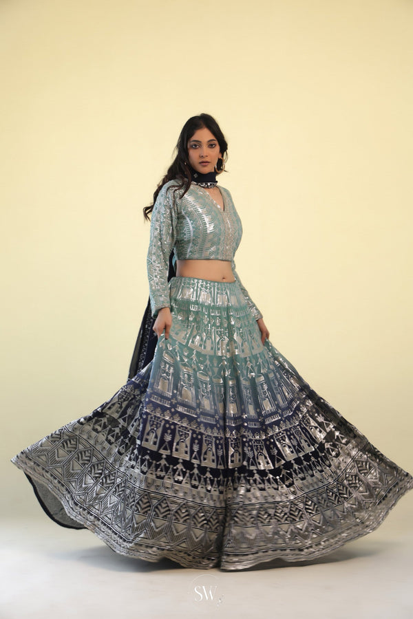 Blue Ombre Lehenga Set With Hand Embroidery