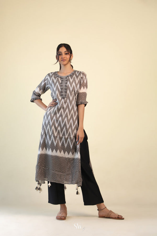 Stone Grey-White Printed Kurti With Hand Embroidery
