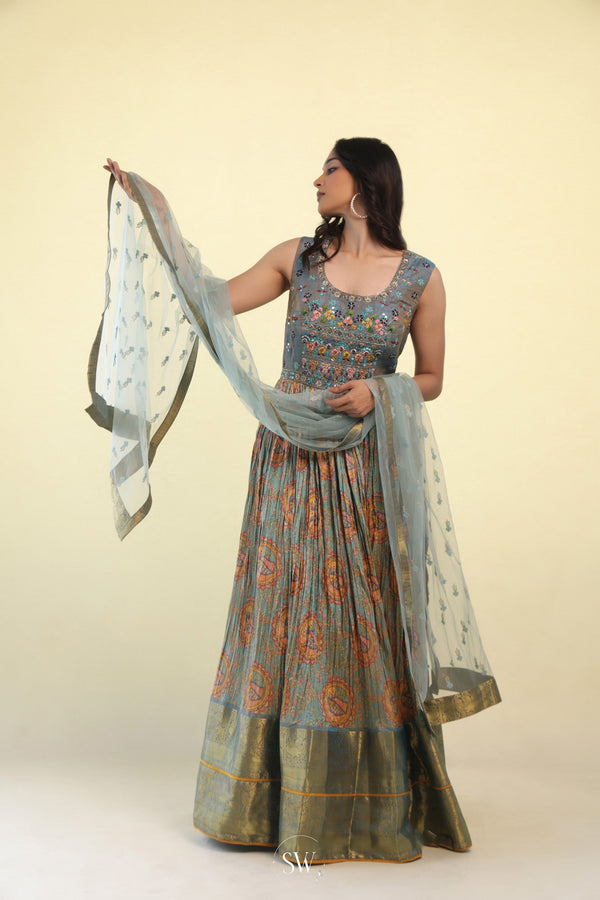Beau Blue Printed Long Dress With Hand Embroidery