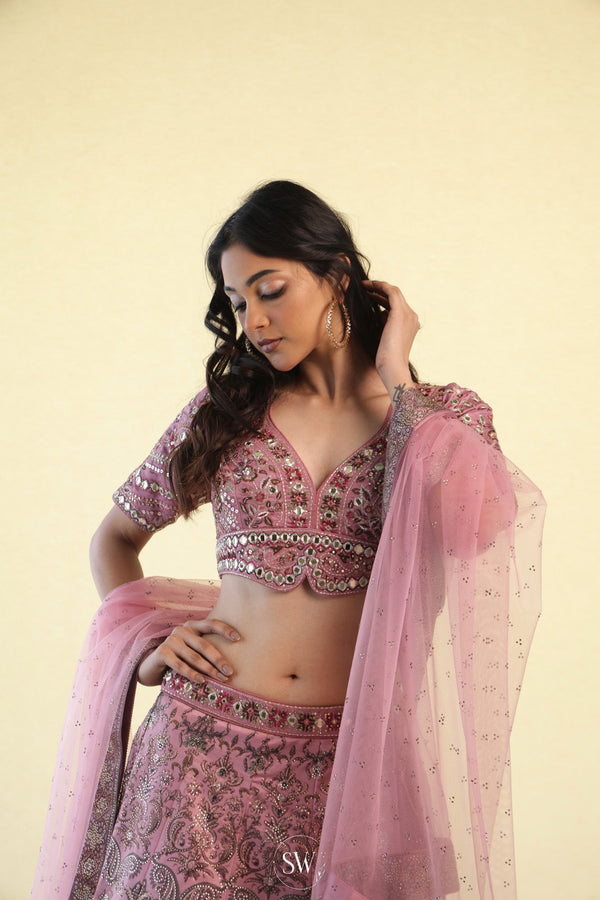 Schauss Pink Bridal Lehenga Set With Hand Embroidery