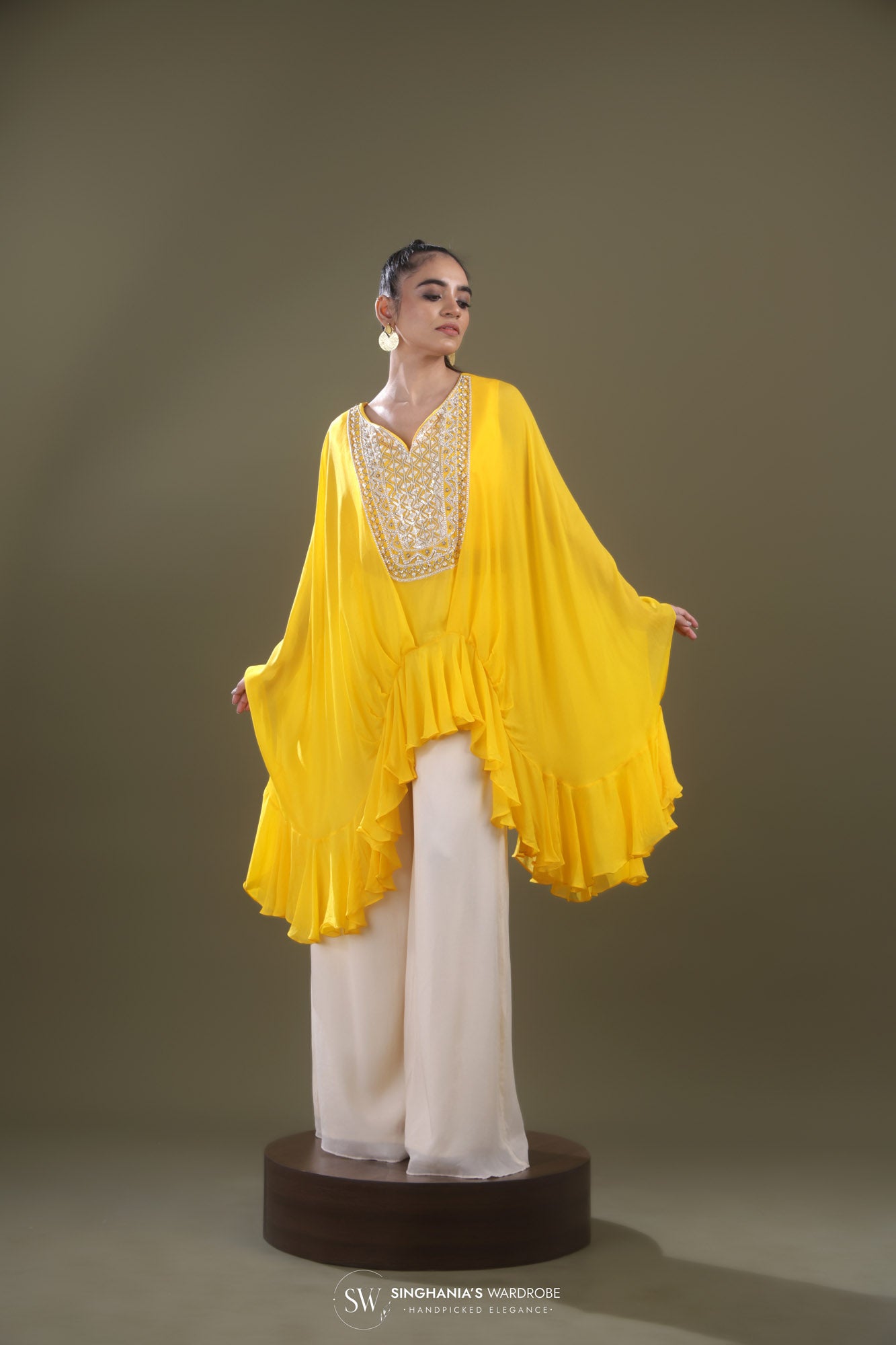 Canary Yellow Indo Western Dress With Contrast Palazzos