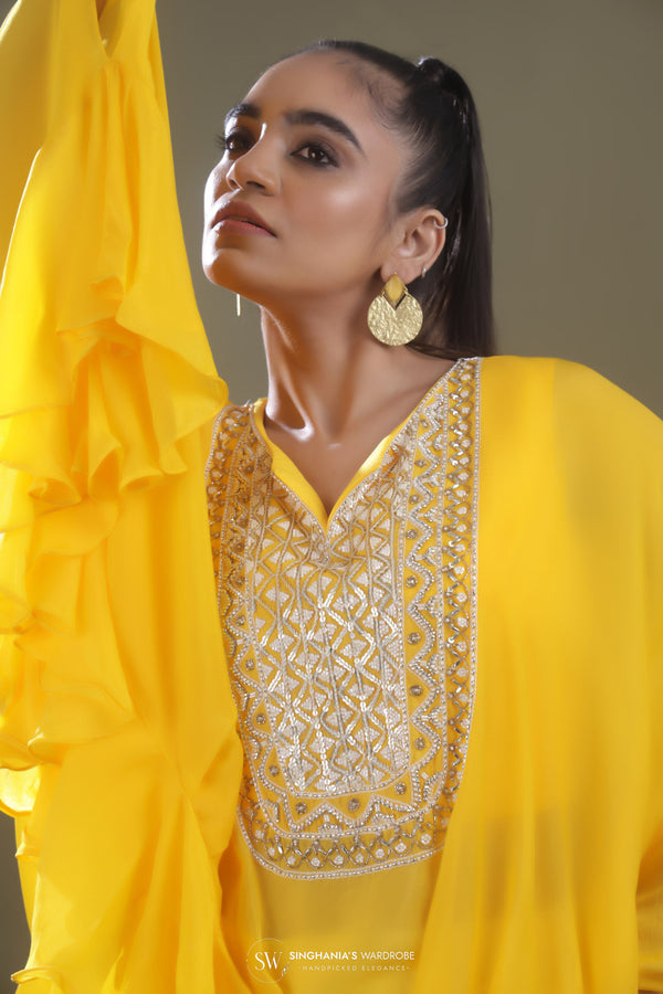 Canary Yellow Indo Western Dress With Contrast Palazzos