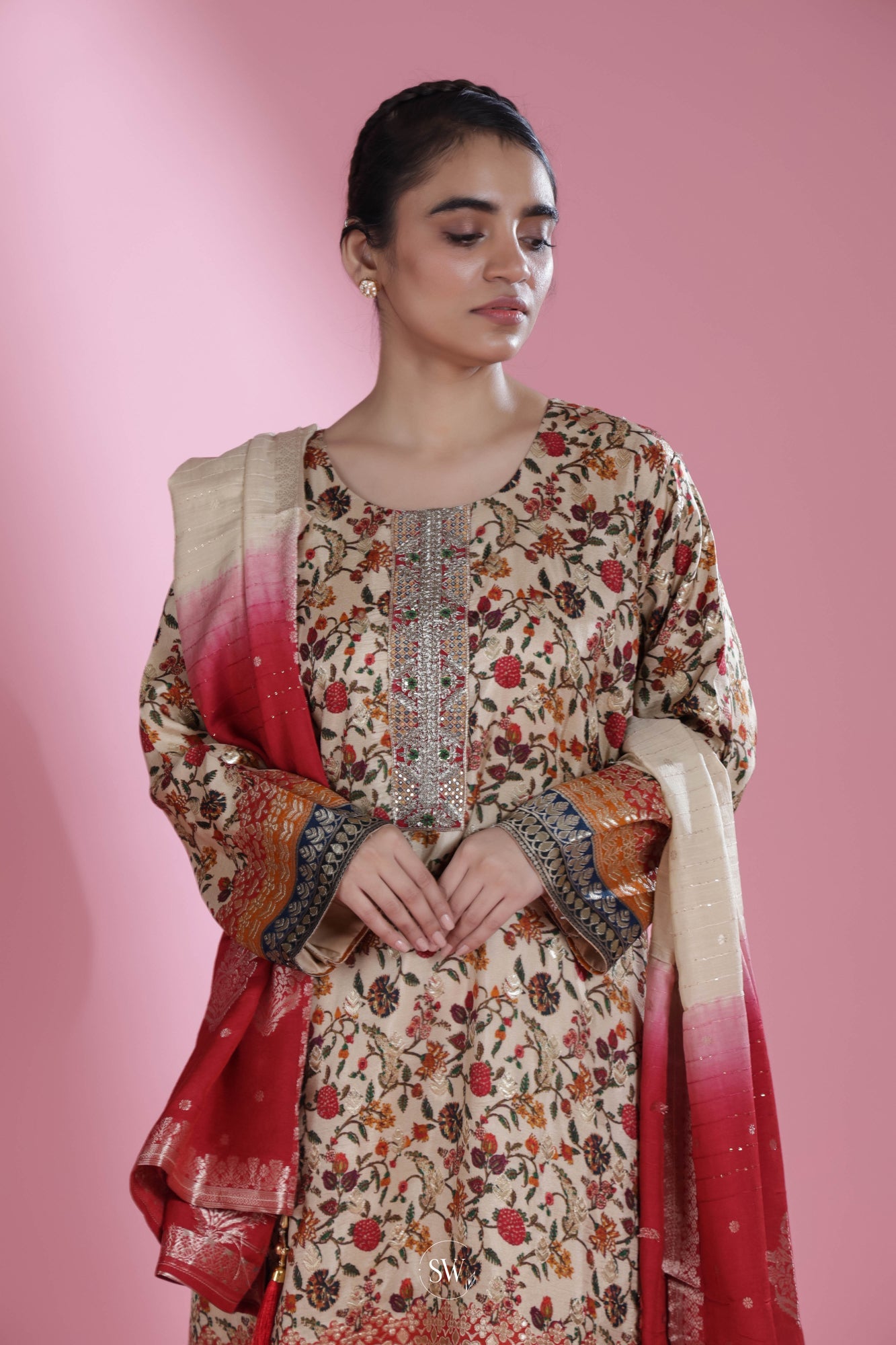 Almond Brown Printed Straight Suit Set With Floral Patterns