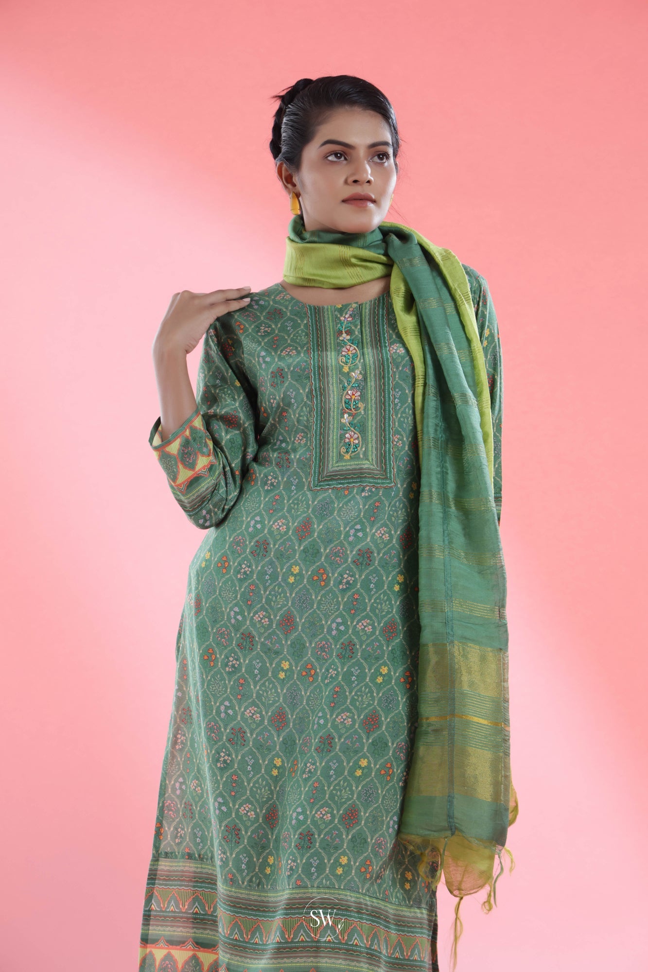 Viridian Green Printed Straight Suit Set With Floral Design