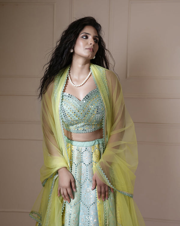 Pastel Green-Yellow Lehenga Set With Hand Embroidery
