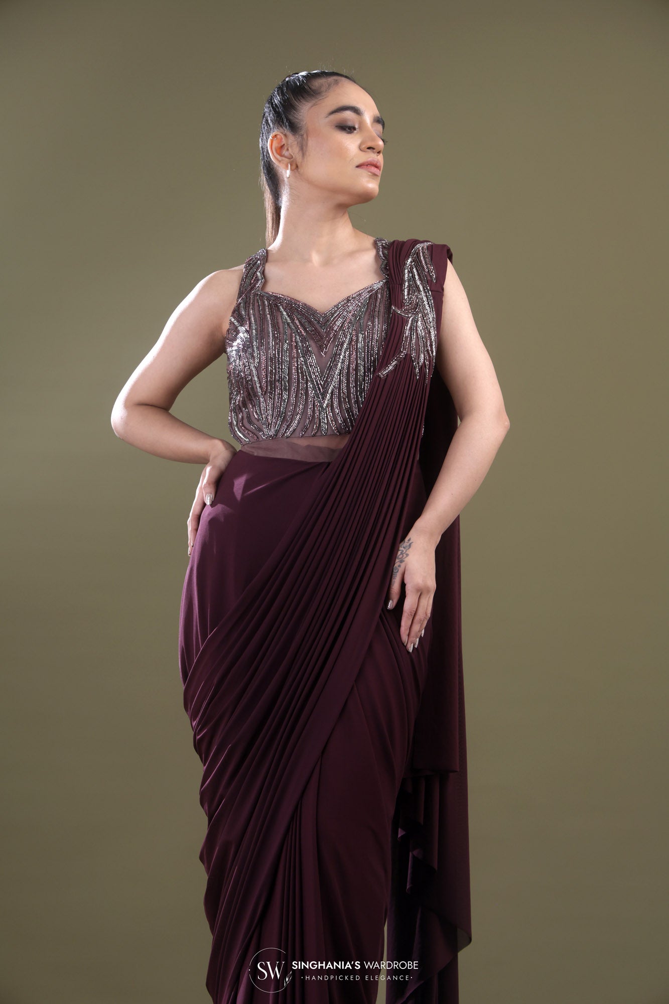 Wine Maroon Draped Saree With Embellished Blouse
