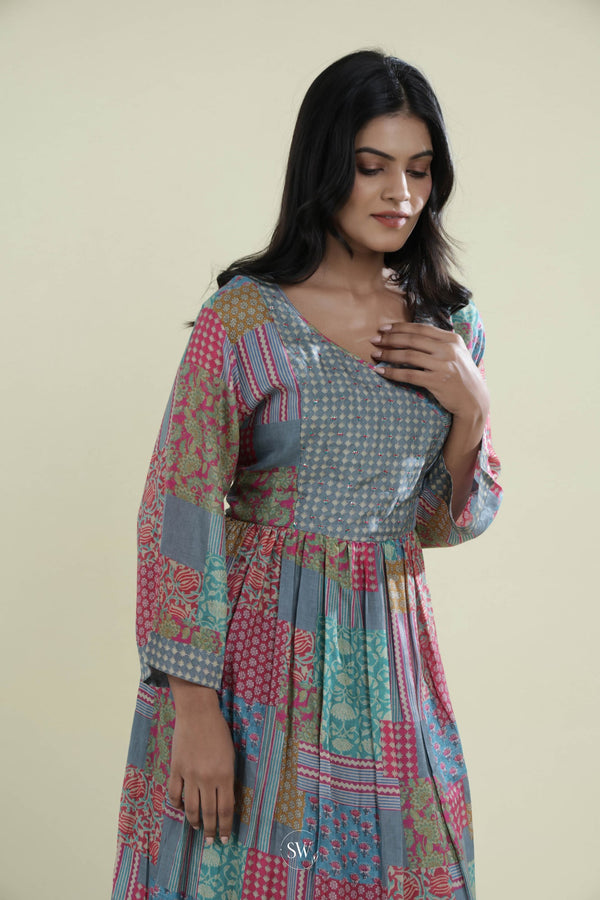 Aegean Blue Everyday Kurti With Printed Floral-Abstract Design