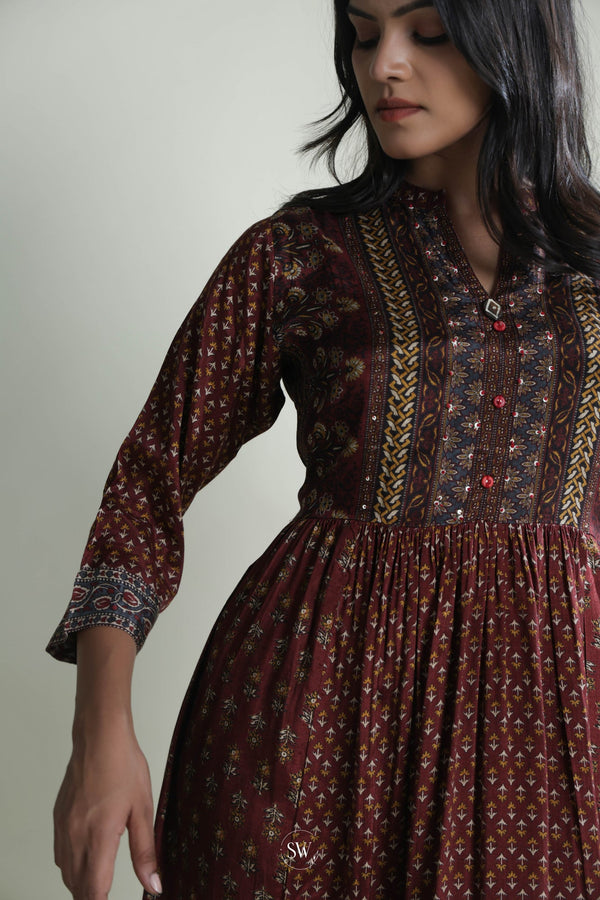 Deep Coffe Brown Everyday Kurti With Printed Floral Design