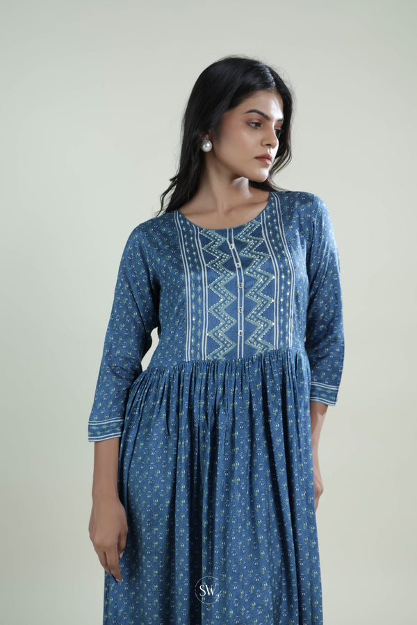 Ruddy Blue Printed Kurti With Floral Pattern