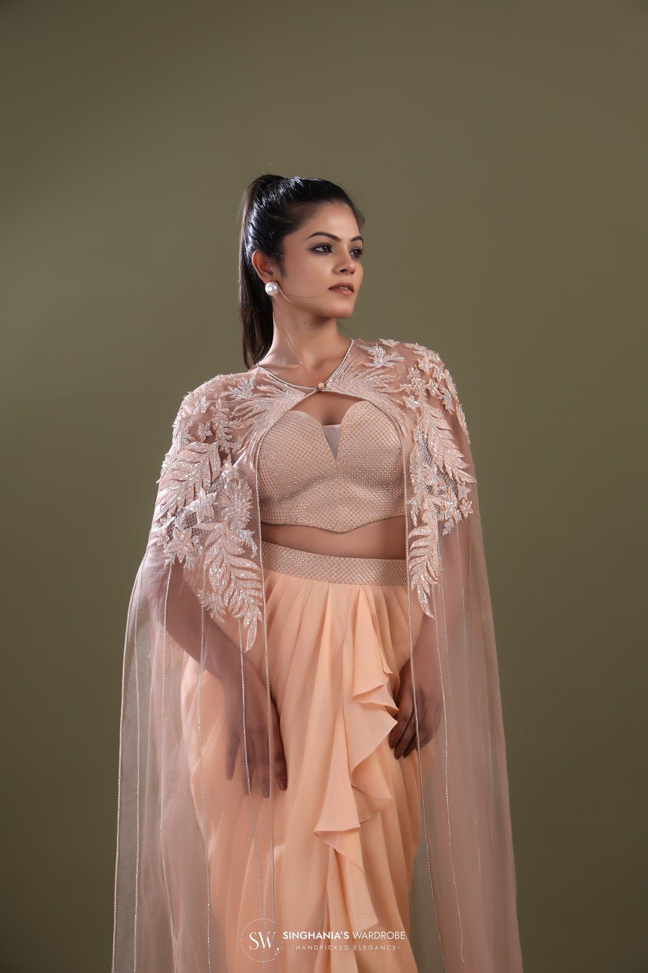 Canter Peach Chiffon Indo Western Dress With Organza Embroidery Cape