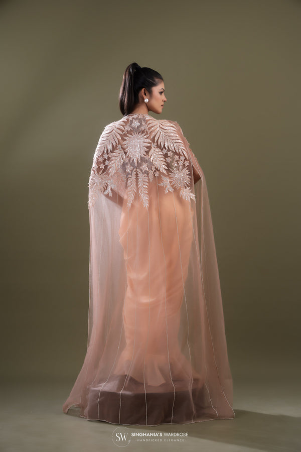 Canter Peach Chiffon Indo Western Dress With Organza Embroidery Cape