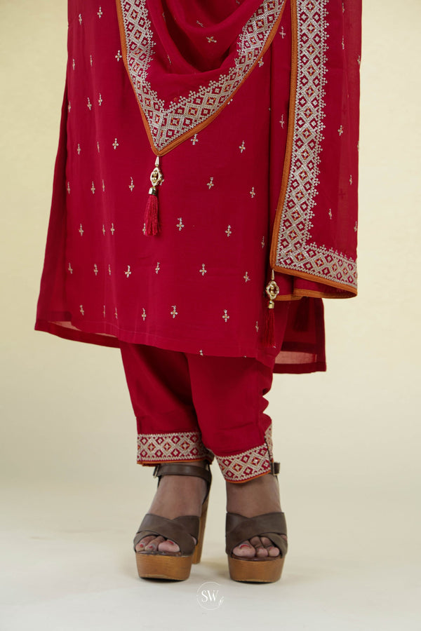 Carmine Red Straight Suit Set With Hand Embroidery