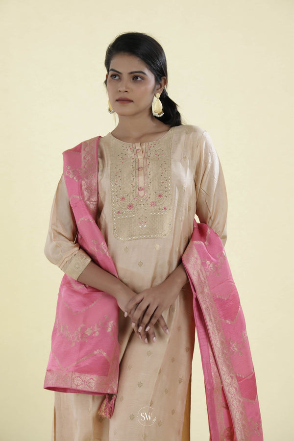 Cream Straight Suit Set With Floral Weaving