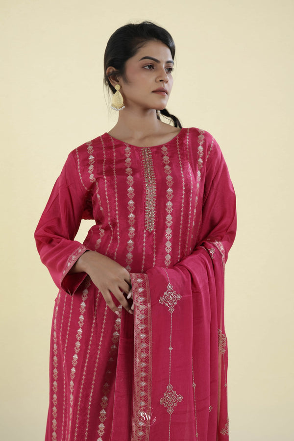 Paradise Pink Straight Suit Set With Hand Embroidery