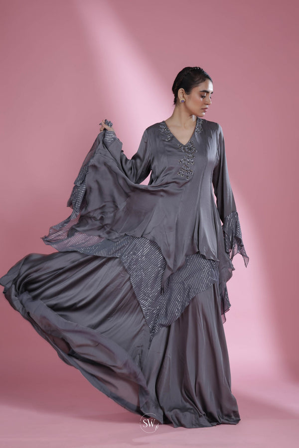 Oxford Grey Indo Western Dress With Hand Embroidery