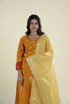 Marigold Orange Straight Suit Set With Floral Weaving