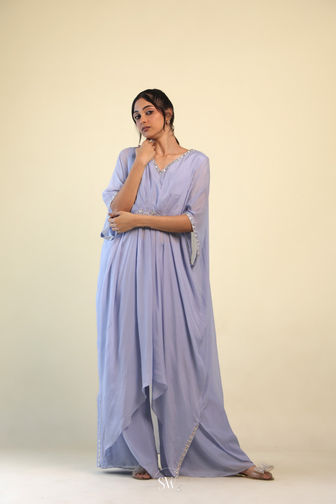 Periwinkle Blue Indo Western Dress With Hand Embroidery