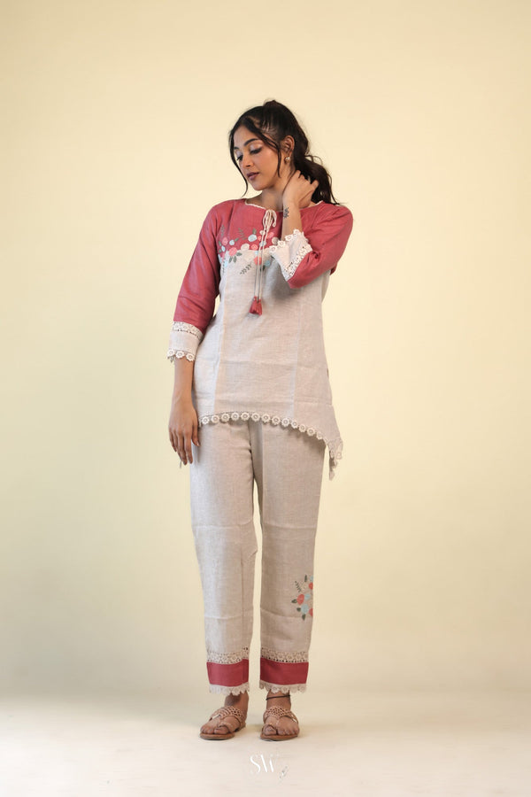 Cream-Red Top And Bottom Casual Set With Hand Embroidery