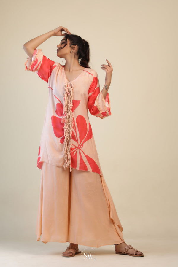 Canter Peach Top-Palazzo Set With Floral Pattern