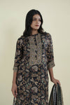 Deep Blue Printed Straight Suit Set With Floral Design