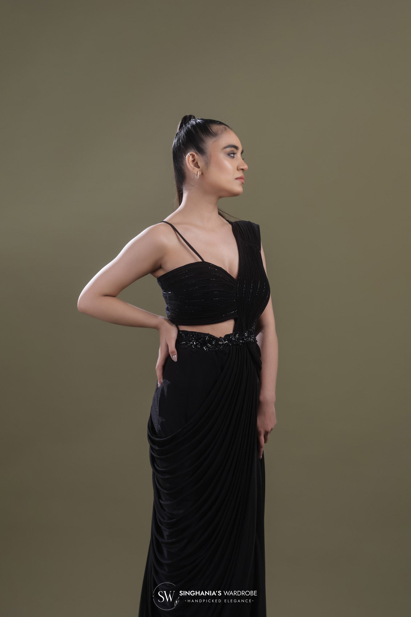Rich Black Draped Saree With Stripes Embroidery