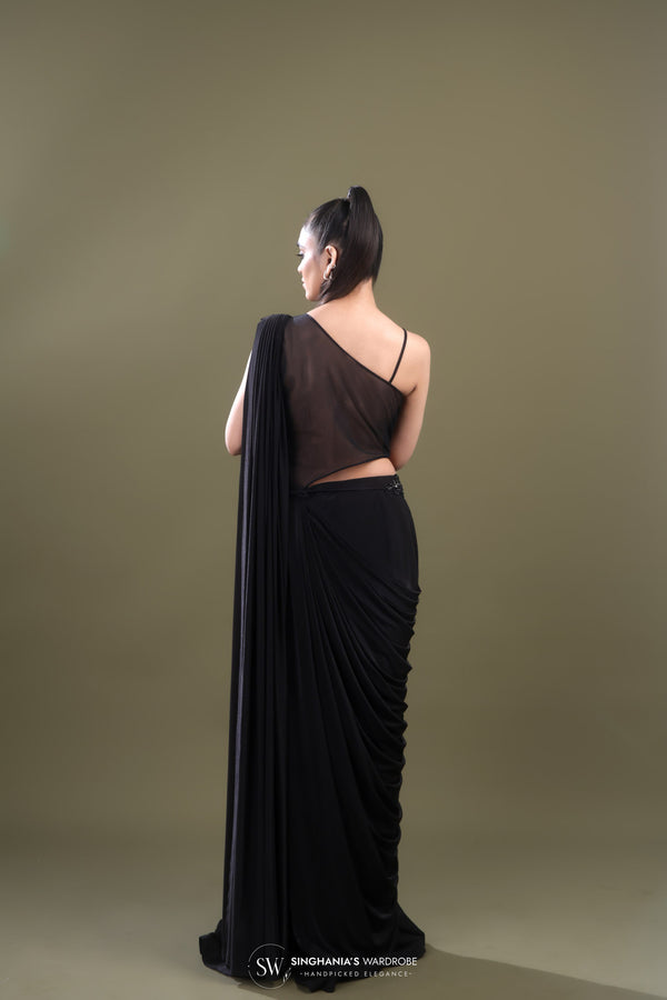 Rich Black Draped Saree With Stripes Embroidery