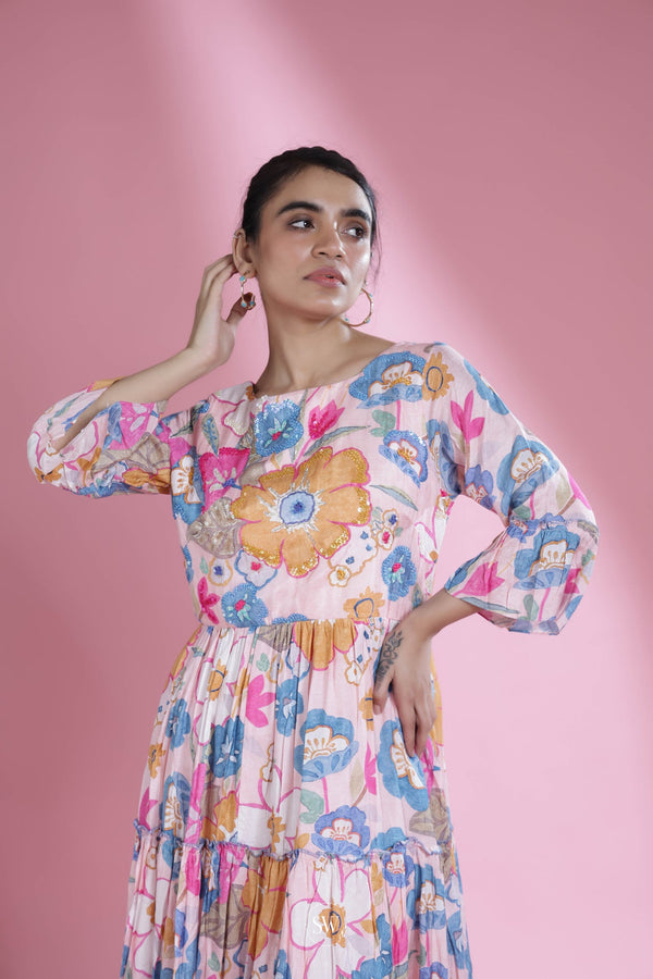Pale Pink Printed Kurti With Floral Design