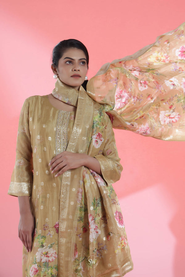 Olive Yellow Printed Straight Suit Set With Floral Design