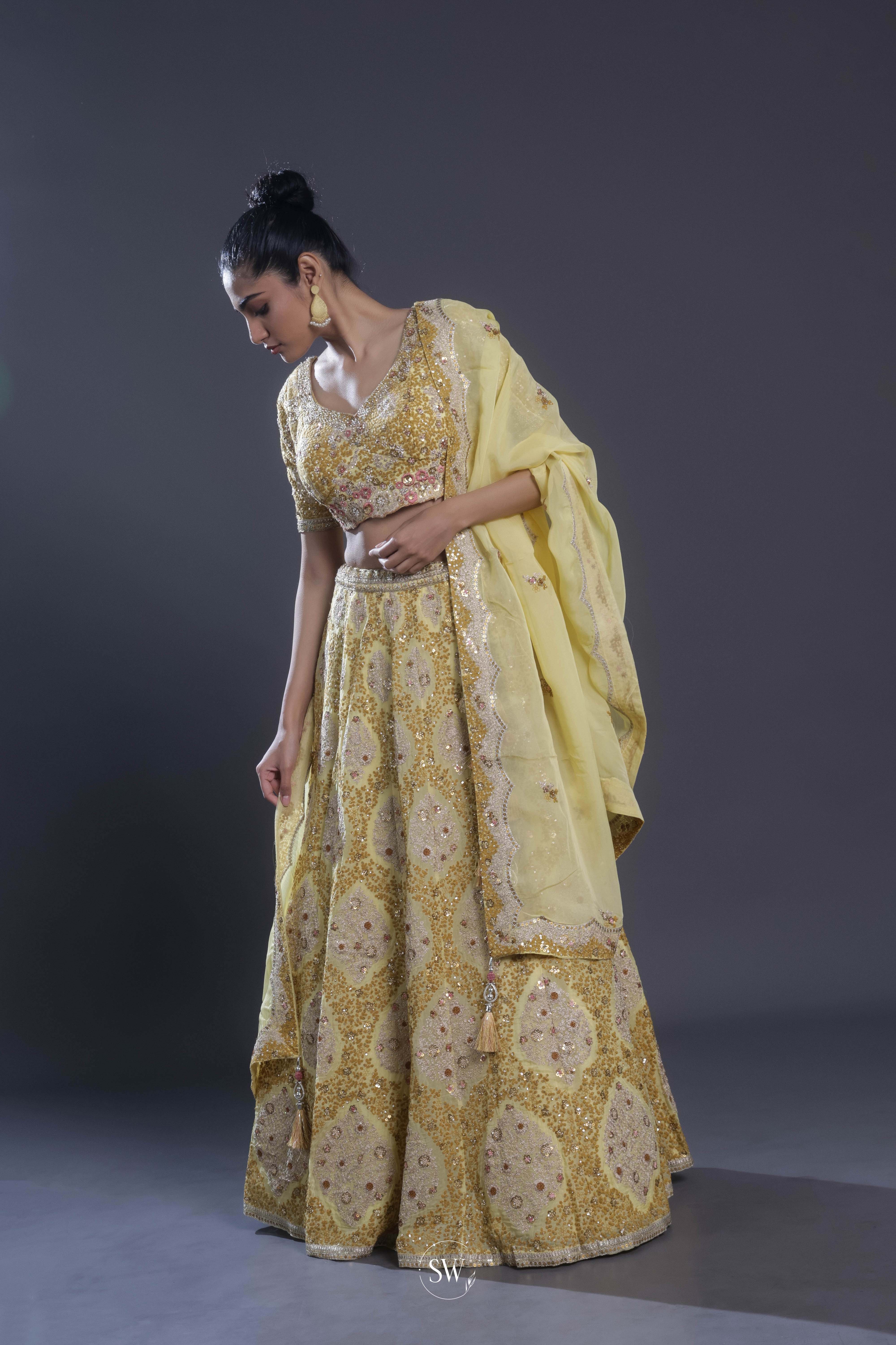 Flax Yellow Embroidered Lehenga Set