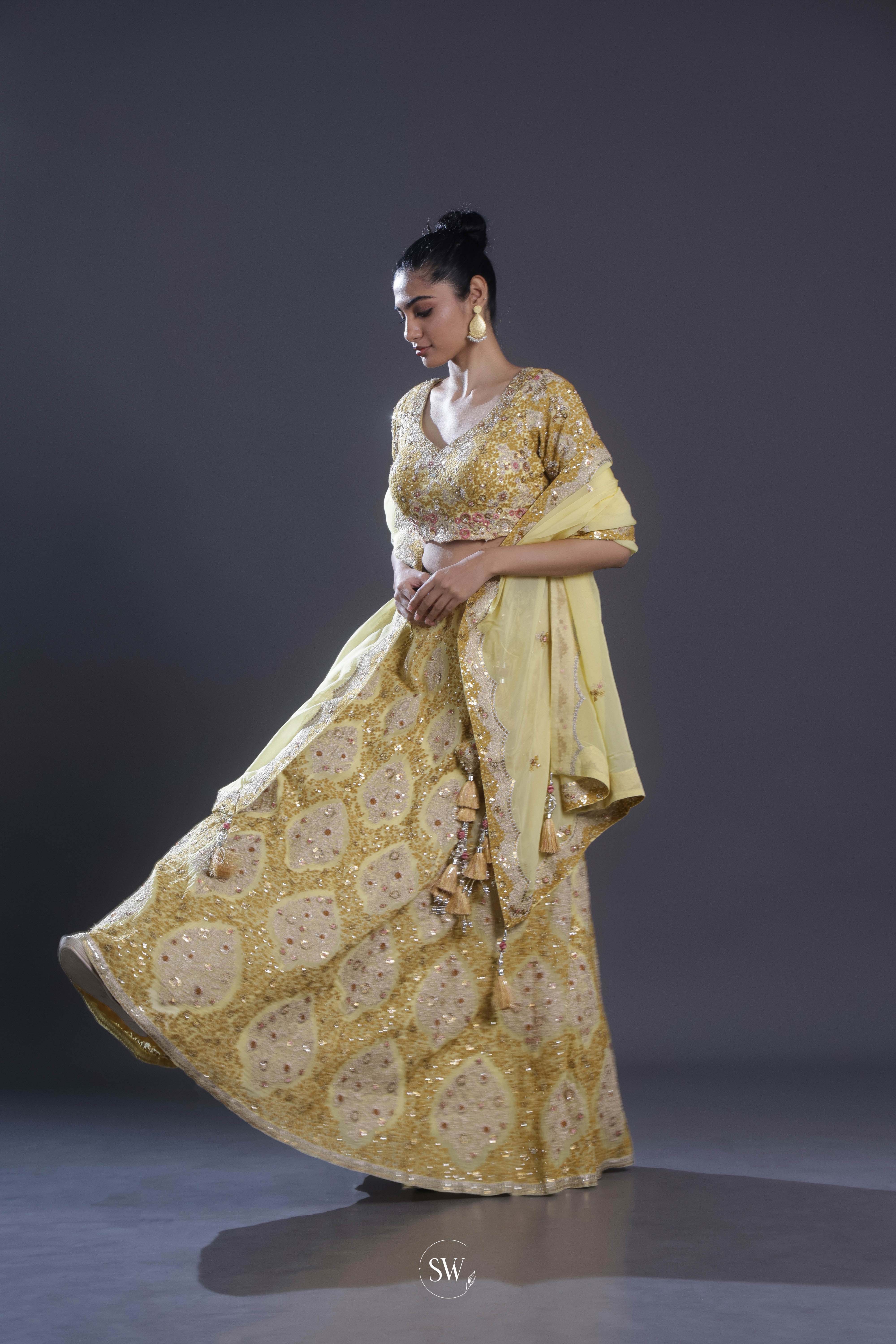 Flax Yellow Embroidered Lehenga Set