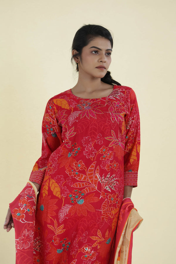 Imperial Red Printed Straight Suit Set With Hand Embroidery