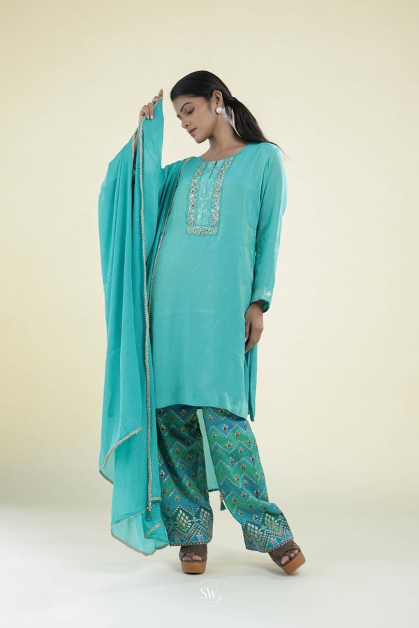 Fluorescent Blue Straight Suit Set With Hand Embroidery