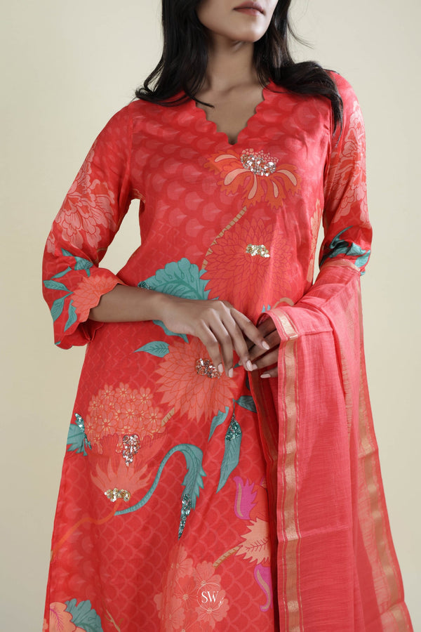 Jasper Red Printed Straight Suit Set With Floral-Abstract Design