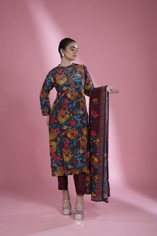 Aubergine Purple Printed Straight Suit Set With Floral Patterns