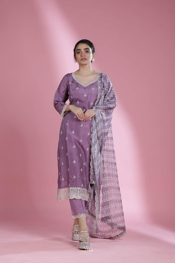 Iris Purple Straight Suit Set With Hand Embroidery