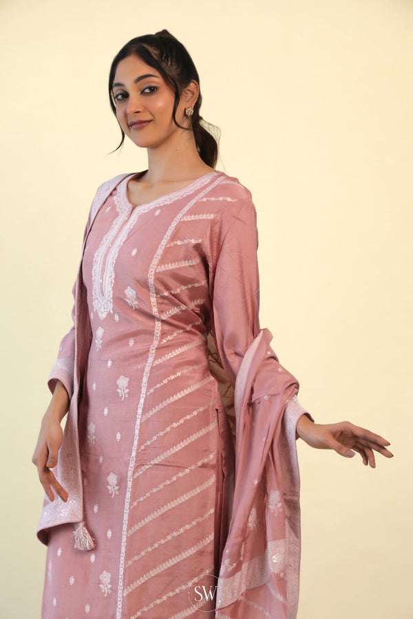 Salmon Pink Straight Suit Set With Floral Weaving